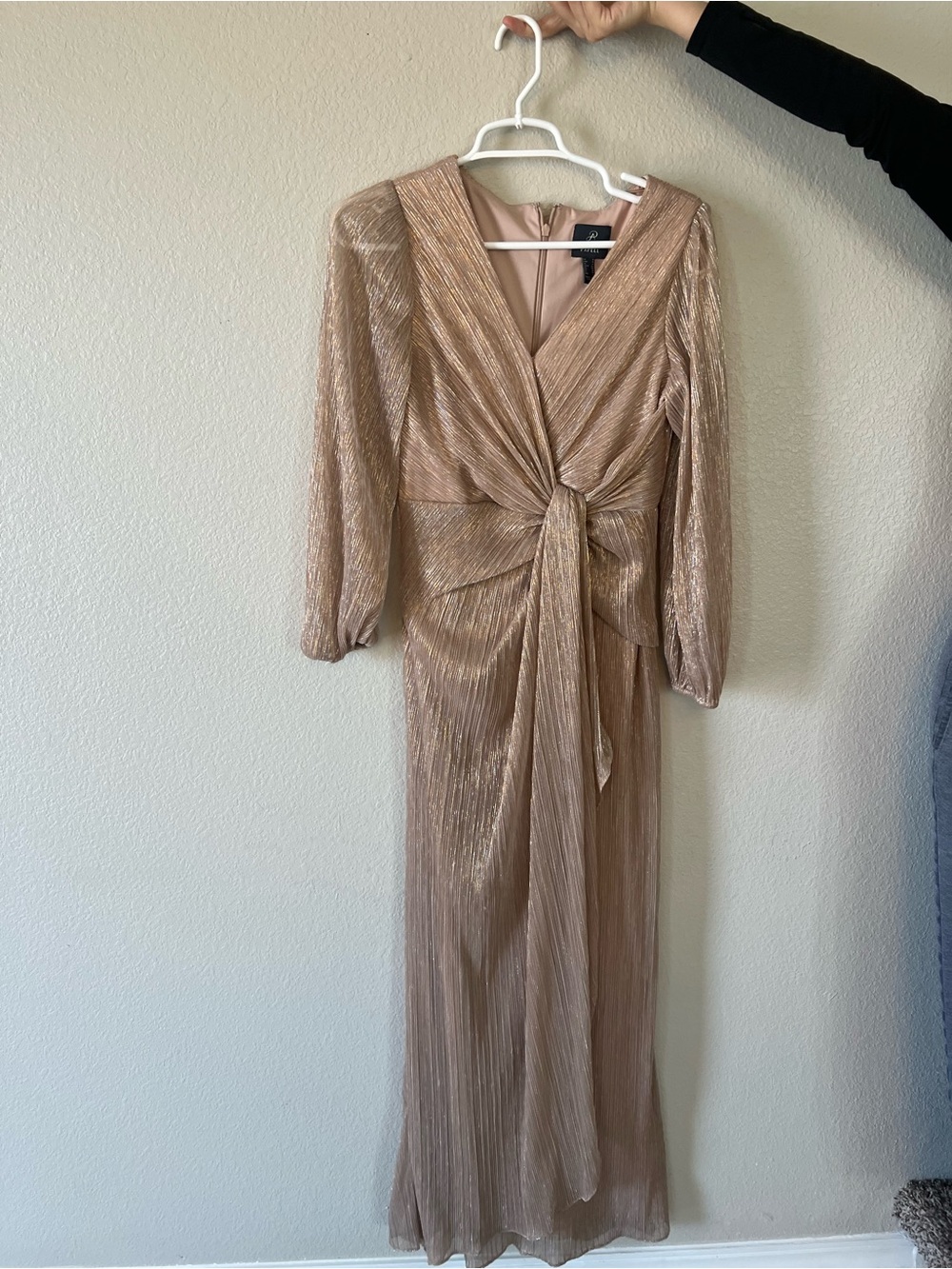 Adrianna Papell Metallic Champagne Long Sleeve Wrap Maxi Dress